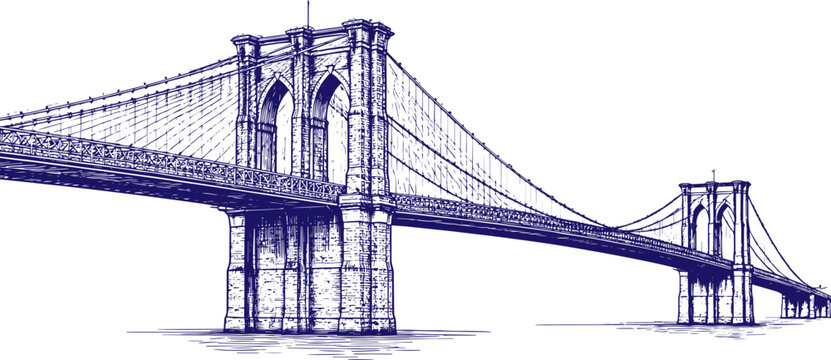 Brooklyn Bridge Hand Drawn Line Art Sketch, New York City Landmark Illustration, Minimalist Architectural Drawing, Vintage Ink Outline, Urban Skyline Artwork, Detailed Suspension Bridge Design, Travel