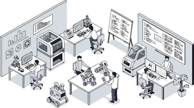 Isometric Robotics Laboratory Workspace with Engineers Developing Artificial Intelligence, 3D Printing, and Autonomous Robots in a Modern Research Facility