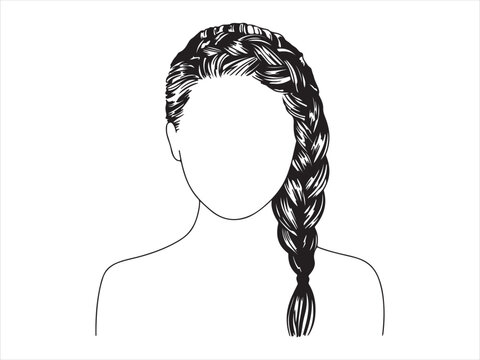 Women hairstyle collection, Braided Hair illustration - elegant hairstyle line art vector illustration, female hair plait outline design