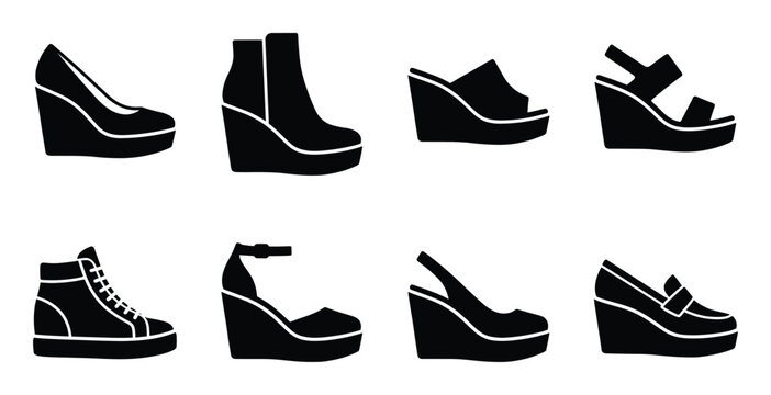 Collection of wedge heel shoes and sneakers silhouettes featuring various designs and heights icons