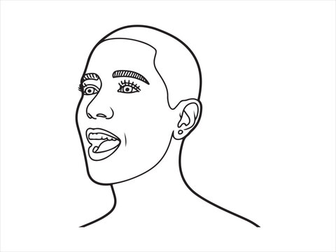 Woman face expression line art illustration vector tongue out emotion portrait isolated on white background