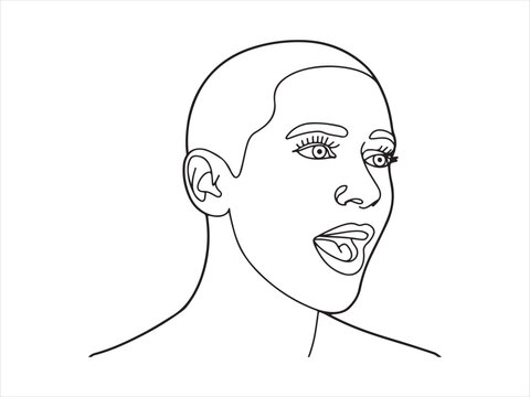 Woman face expression line art illustration vector tongue out emotion portrait isolated on white background