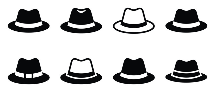 Fedora hat silhouette collection stylish male headwear set vector design on transparent background