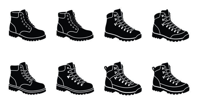 Hiking boots collection black silhouettes of outdoor footwear and mountaineering shoes isolated set
