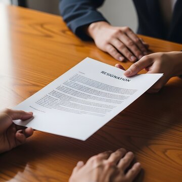A person handing over a resignation letter during a formal meeting