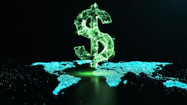 Digital dollar currency concept with glowing dollar sign and world map representing global financial systems