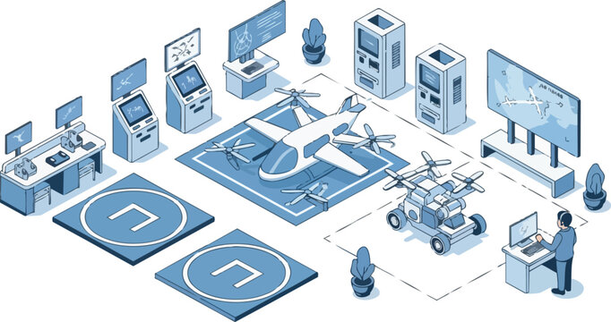 Futuristic eVTOL Aircraft and Drone Control Center Isometric Illustration - Urban Air Mobility and Advanced Aviation Logistics Technology Concept