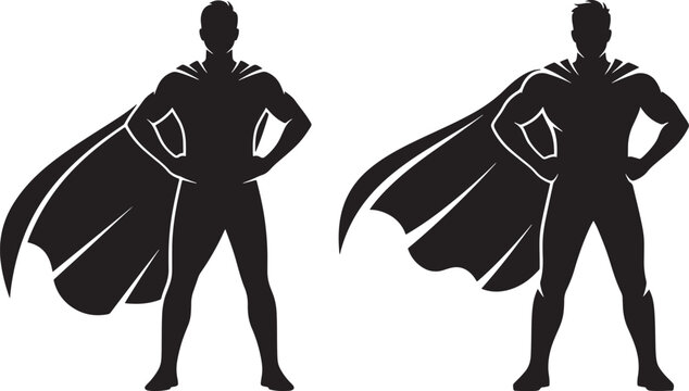 Superhero silhouette with cape flowing heroic stance superhero silhouette strength illustration character masculine minimalist powerful confident abstract superpower champion