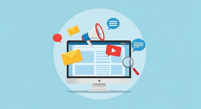 A computer screen displays a video on a webpage with various icons floating around it.