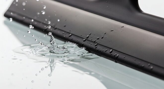 Water splash and droplets on a dark textured surface, close-up macro shot of liquid dynamics and surface tension with a squeegee edge.