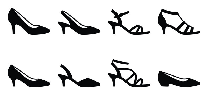 Selection of low and mid heel women shoes silhouettes including pumps and strappy sandals graphics