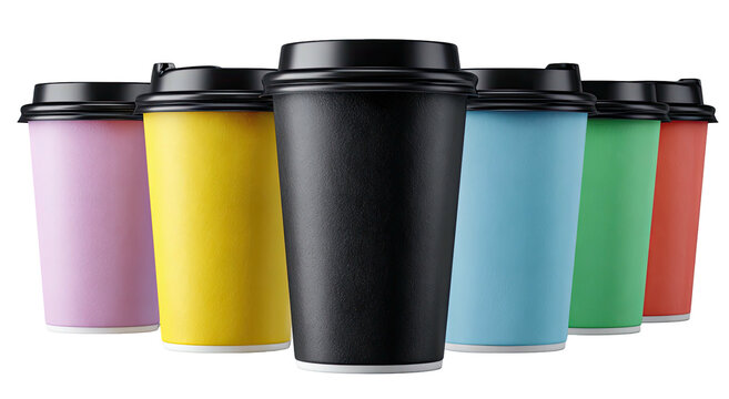 Array of colorful takeout cups with black lids, arranged in a semi-circle