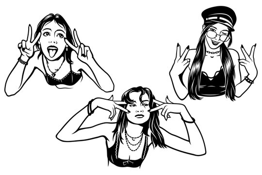 Pin Up Girls Showing Peace or Victory Hand Sign. Black and white vector cliparts.