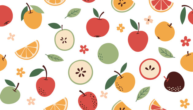 A colorful fruit pattern illustration with various sliced fruits and flowers