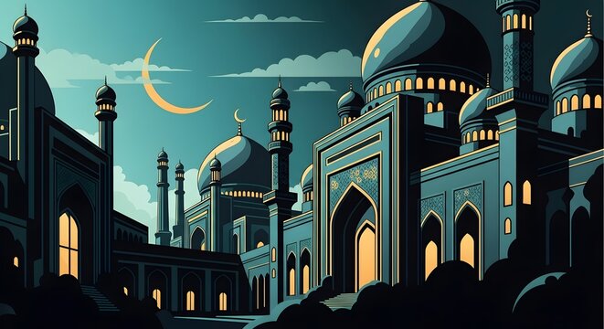 A green mosque with domes and minarets under a crescent moon