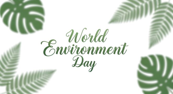 Elegant world environment day calligraphy surrounded by tropical palm leaves on white space