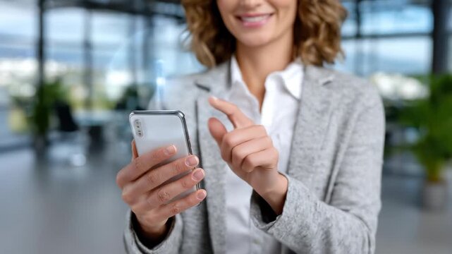 Professional woman with smartphone, glowing message icon, representing digital communication, online networking, business connection, efficient client support, modern corporate environment