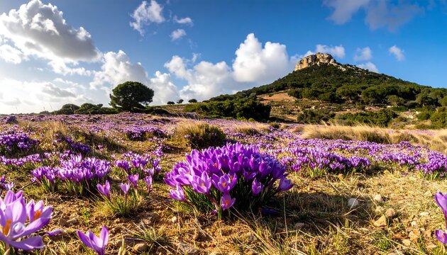 Vast field of blooming purple flowers in foreground, rolling hills and a rocky mountain under a bright blue sky with fluffy clouds