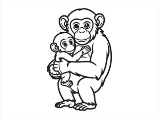 Naklejka premium Line art of mother monkey holding baby monkey vector animal line art illustration