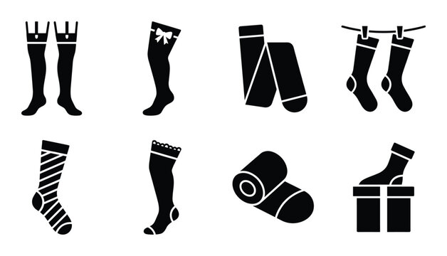 Set of eight black socks and stockings icon with different shapes and designs on transparent background