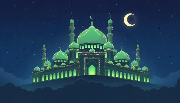 A green mosque with a crescent moon in the night sky