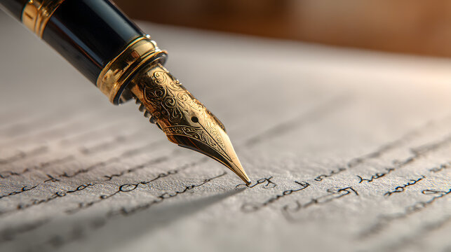 Close-Up of Luxury Gold Fountain Pen on Paper with Intricate Handwriting