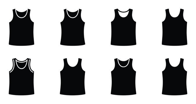Set of eight black sleeveless shirts with different necklines and trim on transparent background