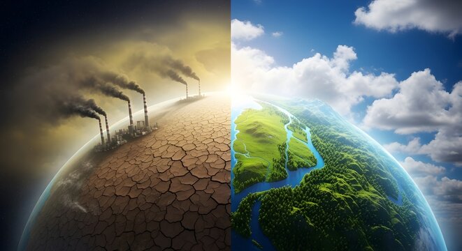 Polluted earth versus green planet, concept of environmental protection and pollution