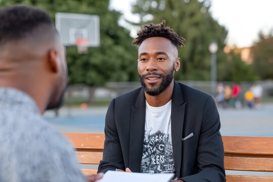 Probation officer discusses progress and goals with client in park setting
