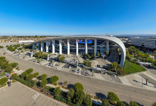 Aerial Drone View of SoFi Stadium and Empty Parking Lot in Inglewood, California