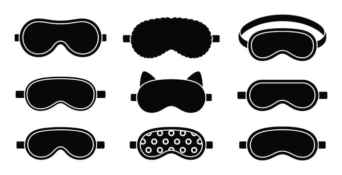 Sleep mask and eye cover collection vector flat silhouette icons set isolated on transparent background