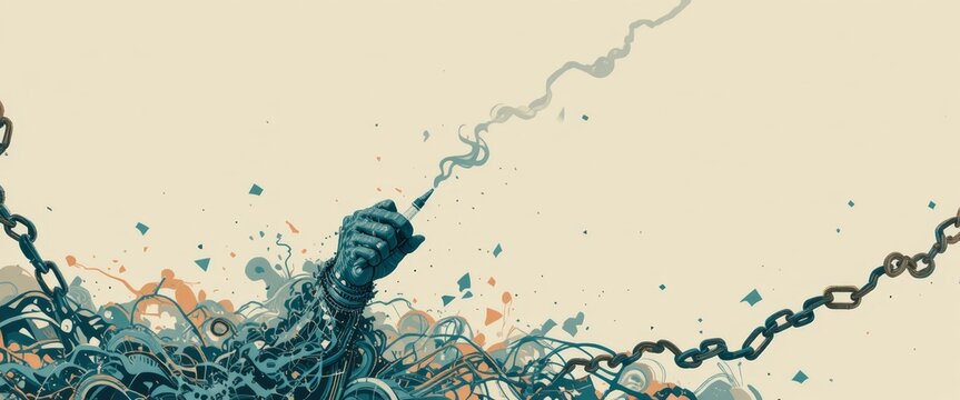 A powerful minimalist flat design vector showing a circuit-textured fist rising from liquid, clutching a burning pencil. This conceptual illustration serves as a metaphor for digital creativity