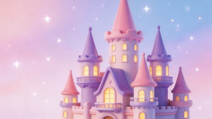 Fototapeta premium A whimsical pink and purple castle with lit windows stands majestically under a starry night sky with a soft pink and blue gradient