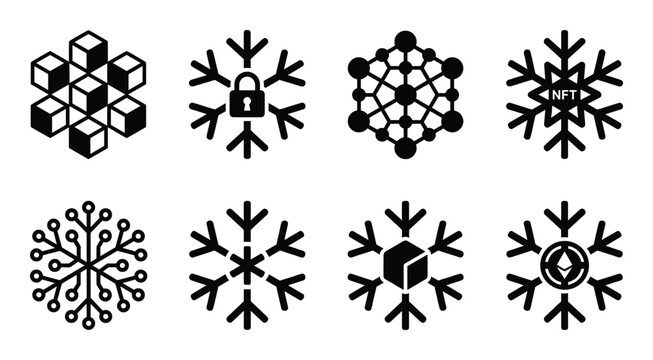 Abstract snowflake shapes blockchain network data connection crypto security technology icons