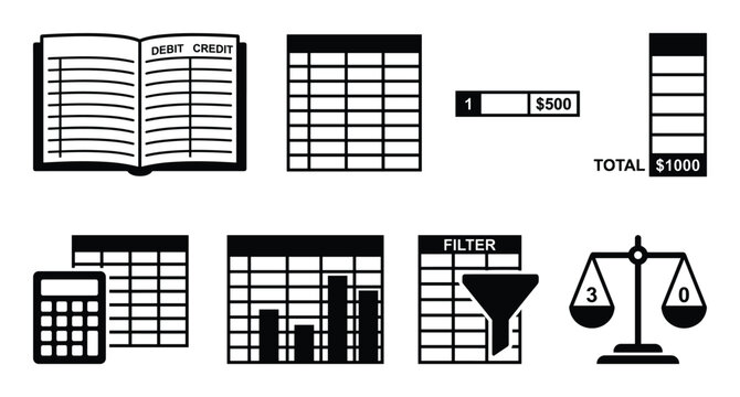 Accounting and bookkeeping icons for financial data analysis spreadsheet management and balance check