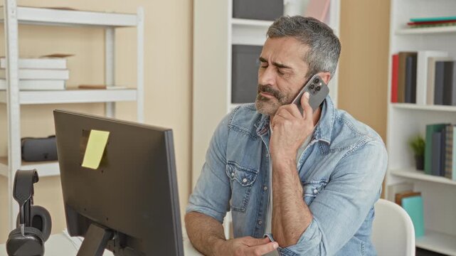 Man holds smartphone to ear while seated at computer monitor with sticky note, wearing denim shirt in office building; concentration remote work.