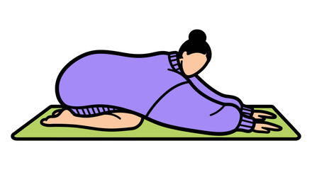 Fototapeta premium Woman in child's pose yoga vector illustration for relaxation wellness meditation mindfulness healthy lifestyle fitness training home workout flexibility balance exercise concept