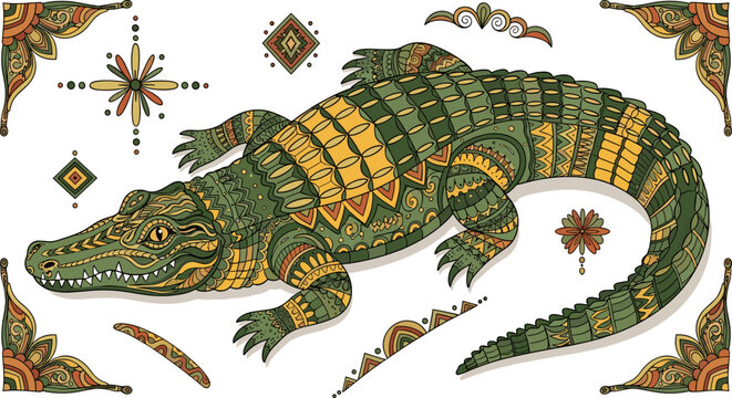 Vibrant green and yellow crocodile with intricate tribal patterns isolated on white background
