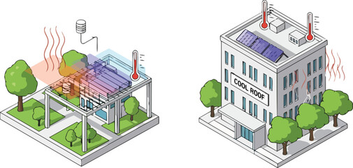 Naklejka premium Isometric Illustration of Energy Efficient Building with Cool Roof Technology and Thermal Management Systems