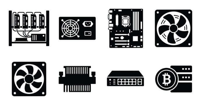 Computer components and crypto mining gear icons featuring motherboard gpu rig and bitcoin symbols