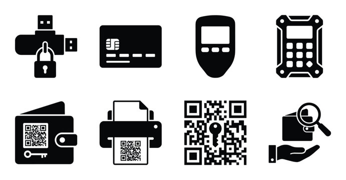Cryptocurrency wallet and qr code scanner icons for mobile payments and secure financial transactions