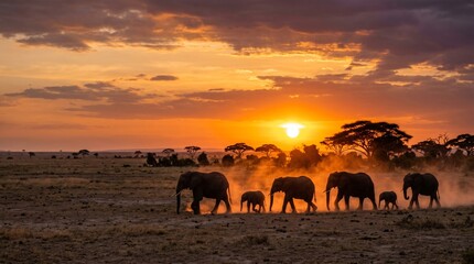 Fototapeta premium Silhouette of an elephant herd walking in the African savanna landscape during a golden sunset