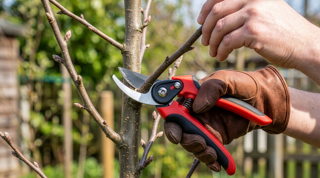 Close up of a gardener pruning fruit tree branches with professional sharp secateurs