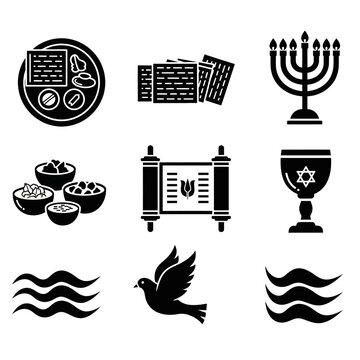 Jewish Holiday Symbols Passover Seder Matzah Menorah Torah Dove and Wine Cup Icons