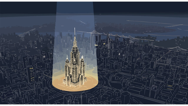 Spotlighted fantasy tower in a dark, stylized city at night. Illuminated central building in a conceptual urban landscape.
