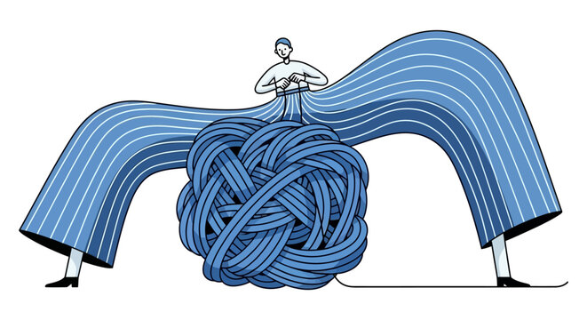 Person tangled in rope knot vector illustration for problem solving complexity challenge mental stress concept business difficulty strategy solution abstract infographic design