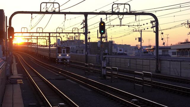 Train tracks at sunset with a train approaching the station platform