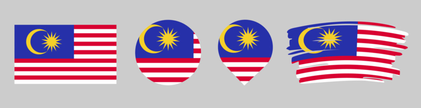 Malaysia Flag Set - National Banner in Rectangle Circle Map Pin and Brush Stroke Styles on Gray Background