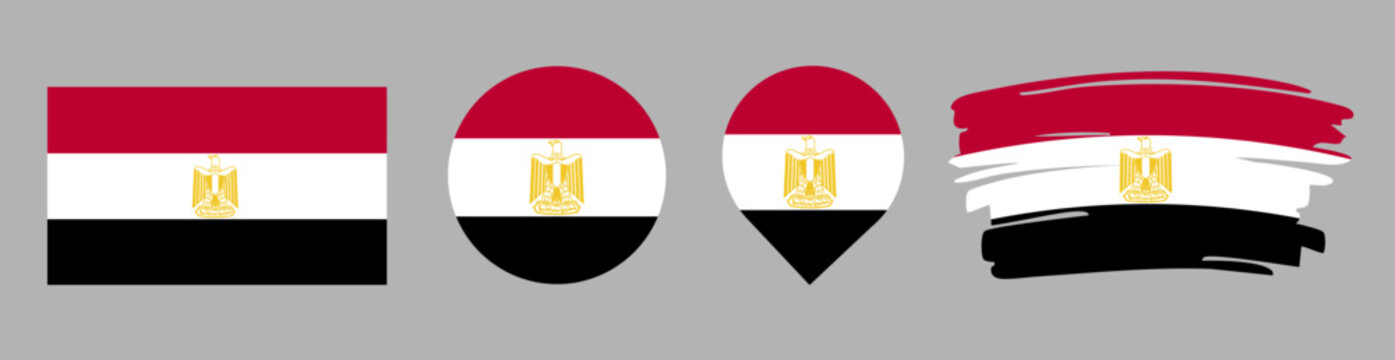 Egypt Flag Set - National Banner in Rectangle Circle Map Pin and Brush Stroke Styles on Gray Background