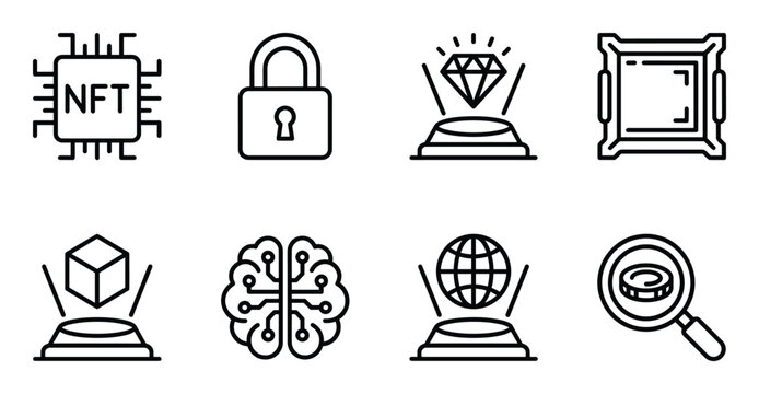 Nft pixel art line icon set. non fungible token, digital art, blockchain technology, game asset